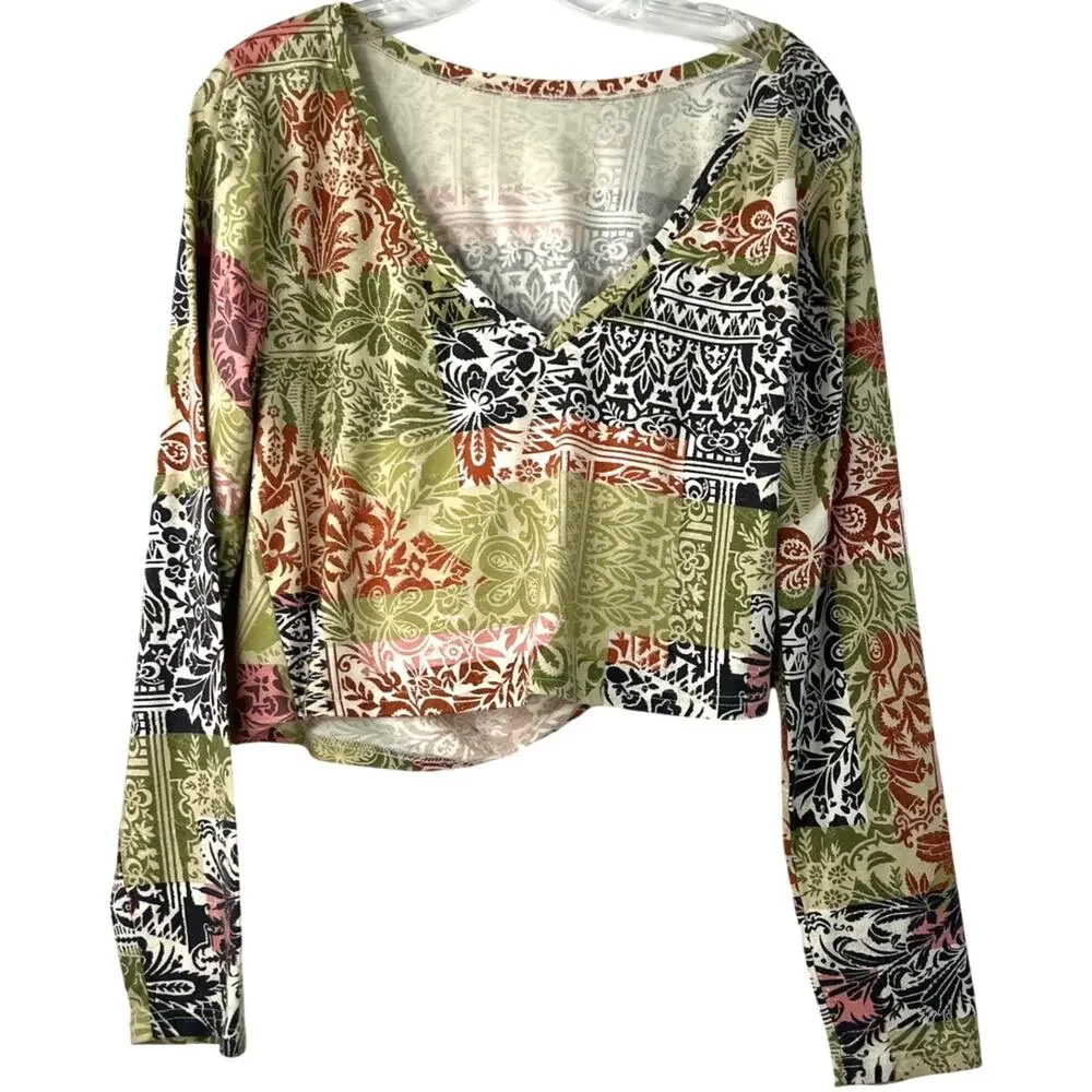 Anthropologie Daily Practice Multicolor Floral Print Crop Twist Top Boho Size XL